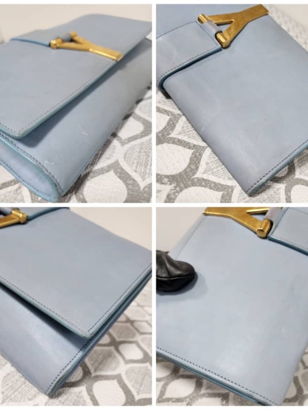 Authentic YVES SAINT LAURENT Calfskin Leather Ligne Y Clutch Bag Blue - Picture 9 of 15